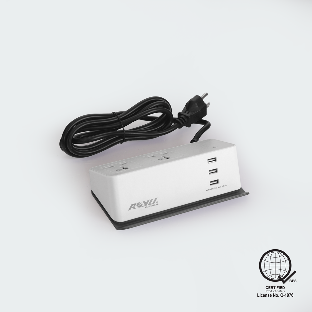 ROYU Desk Extension Cord with 2-Gang Universal Outlet & 3 USB Ports