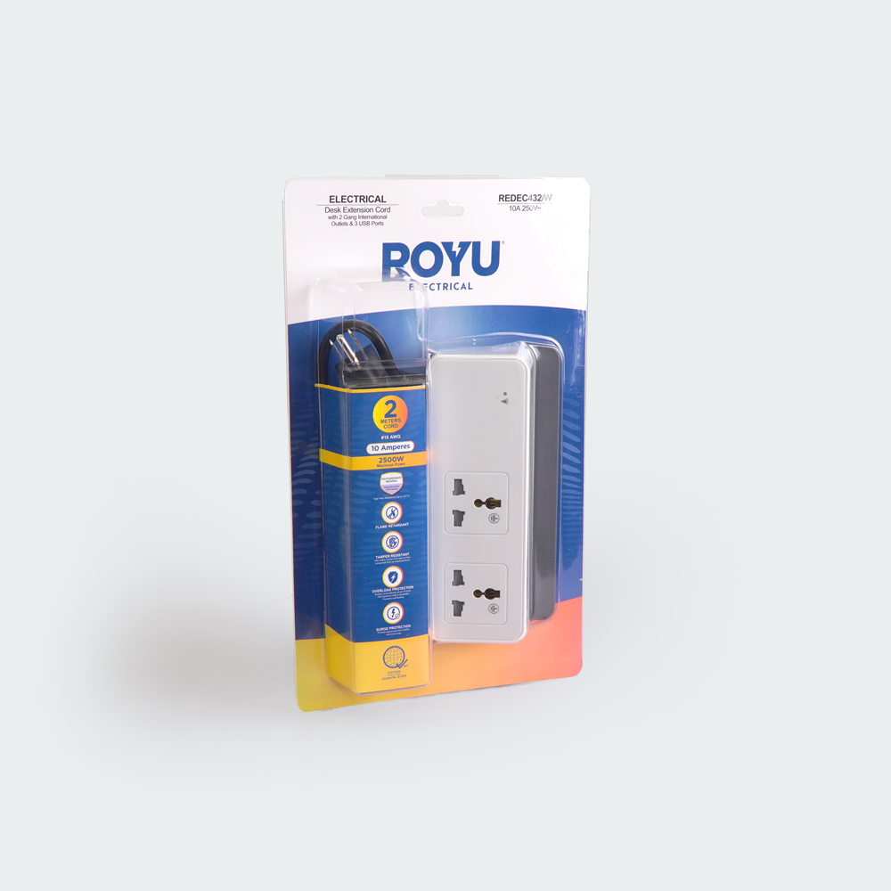 ROYU Desk Extension Cord with 2-Gang Universal Outlet & 3 USB Ports