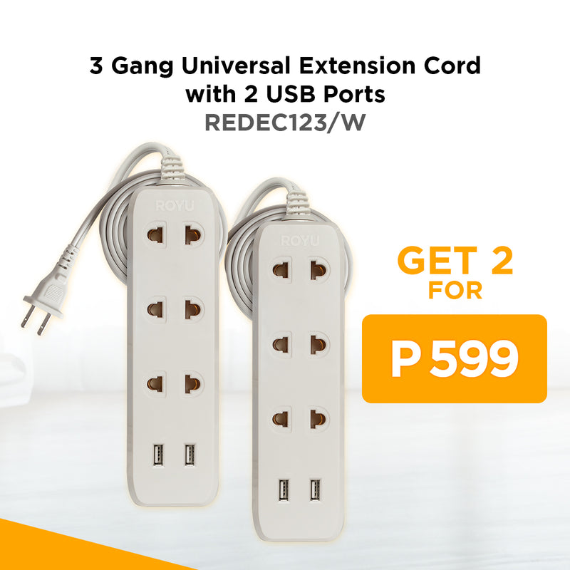 Buy 2 Royu 3 Gang Universal Extension Cord with 2 USB ports for only P599