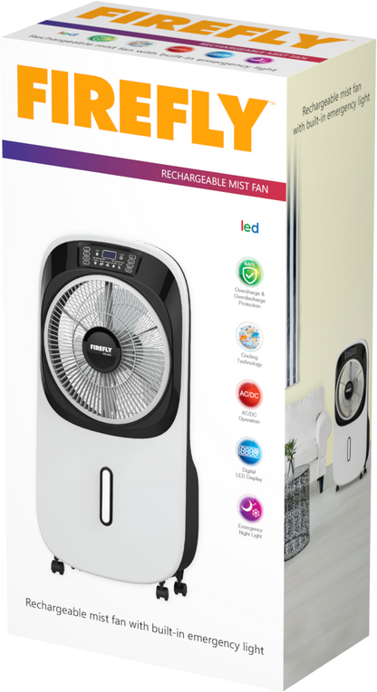 Firefly Rechargeable 10" inch Mist Fan with Digital LED Display and Remote Control