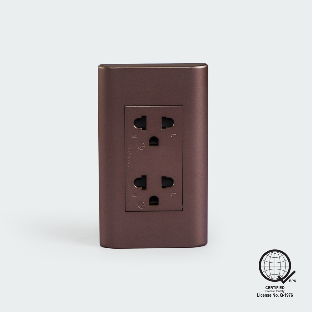 ROYU Plano Duplex Universal Outlet with Ground and Shutter Set - Dark Wood