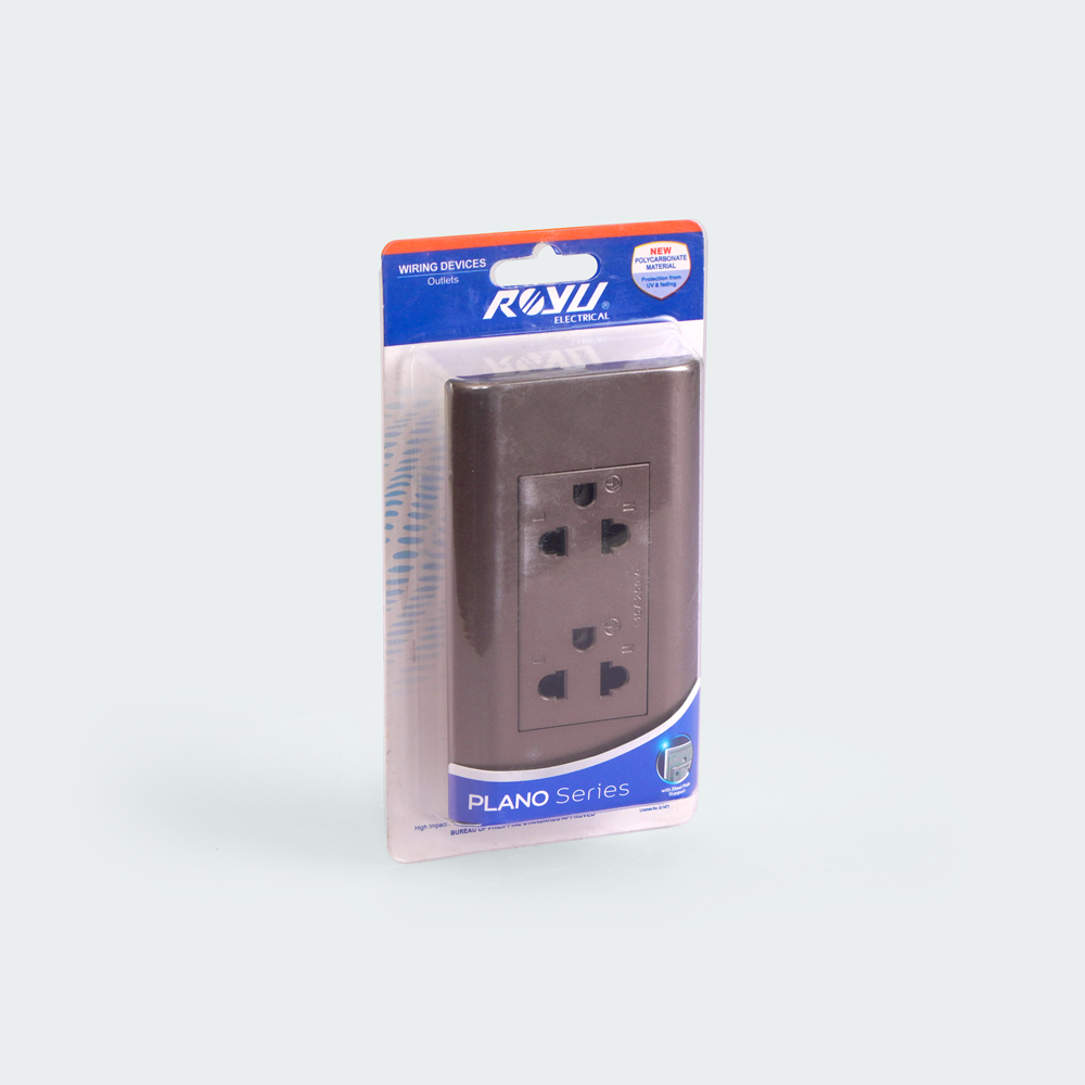 ROYU Plano Duplex Universal Outlet with Ground and Shutter Set - Dark Wood