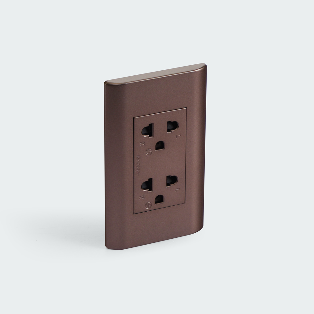 ROYU Plano Duplex Universal Outlet with Ground and Shutter Set - Dark Wood