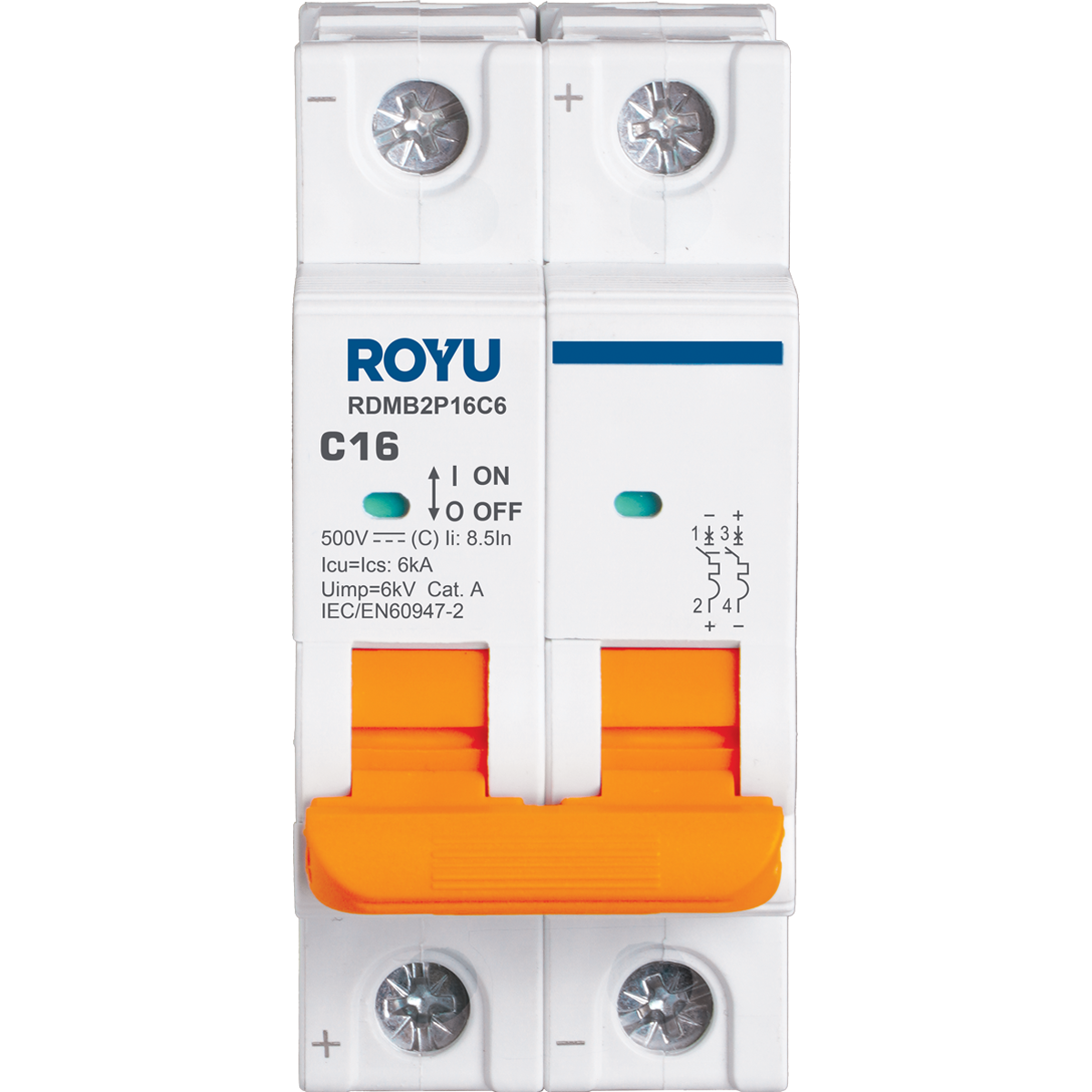 ROYU DC MCB, 2P 16A 500VDC Type C 6kA