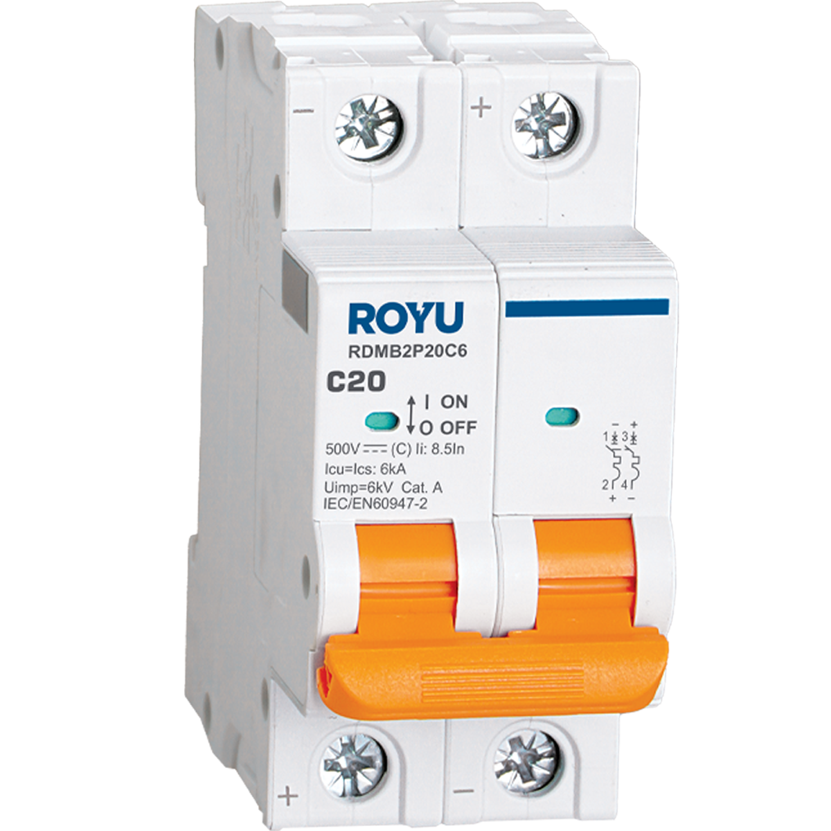 ROYU DC MCB, 2P 20A 500VDC TYPE C 6KA