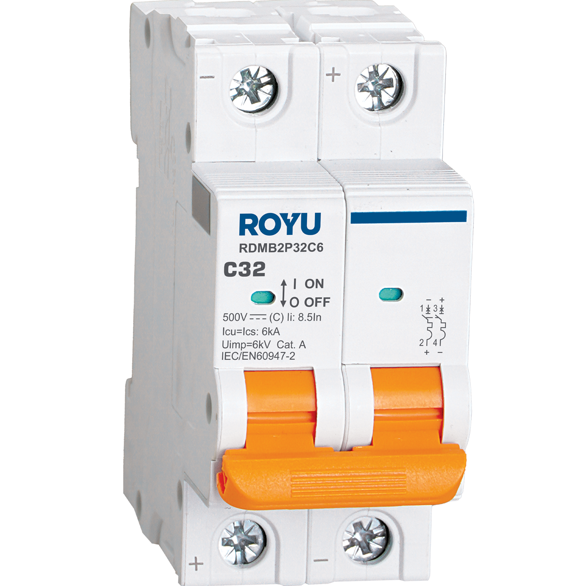 ROYU DC MCB, 2P 32A 500VDC TYPE C 6KA