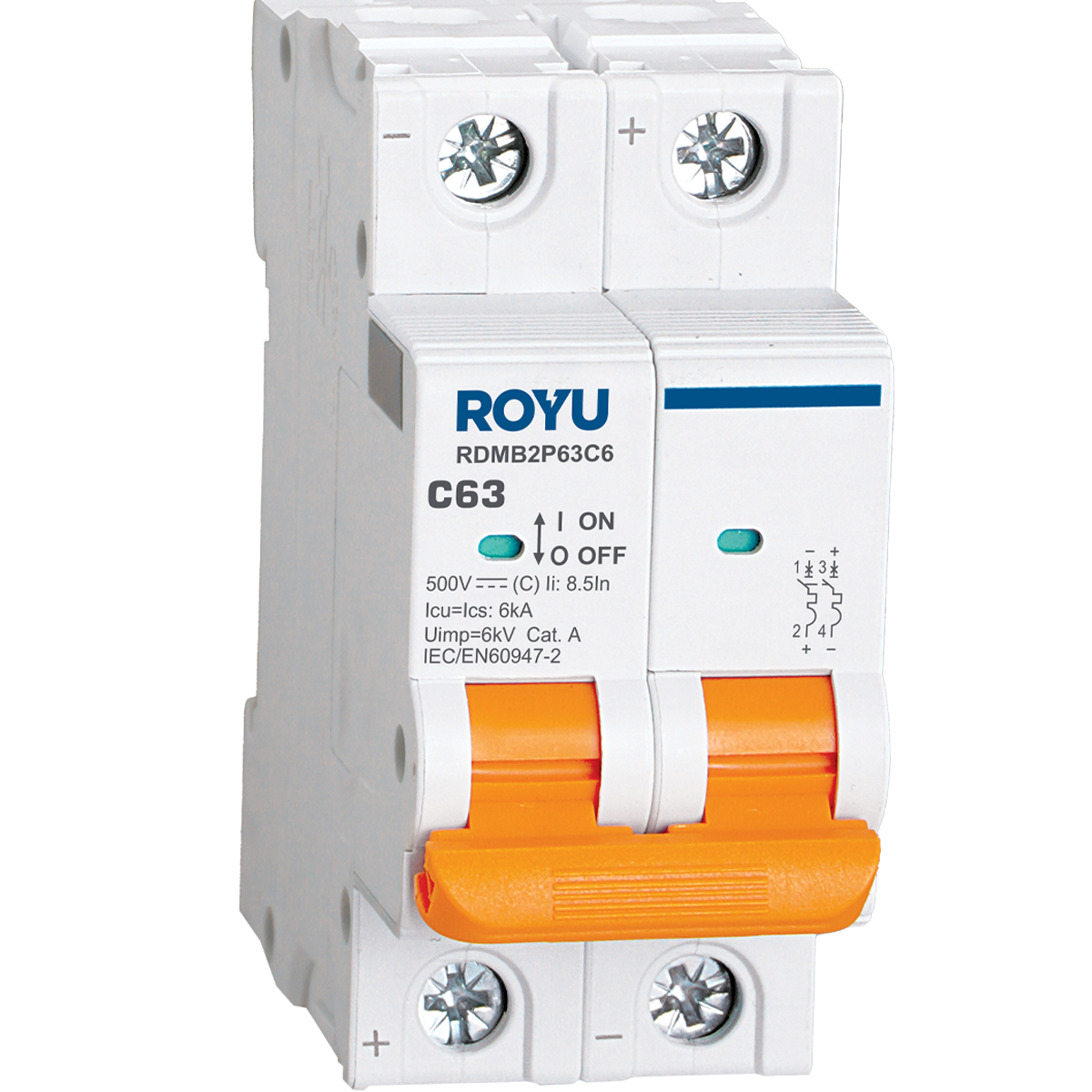 ROYU DC MCB, 2P 63A 500VDC TYPE C 6KA