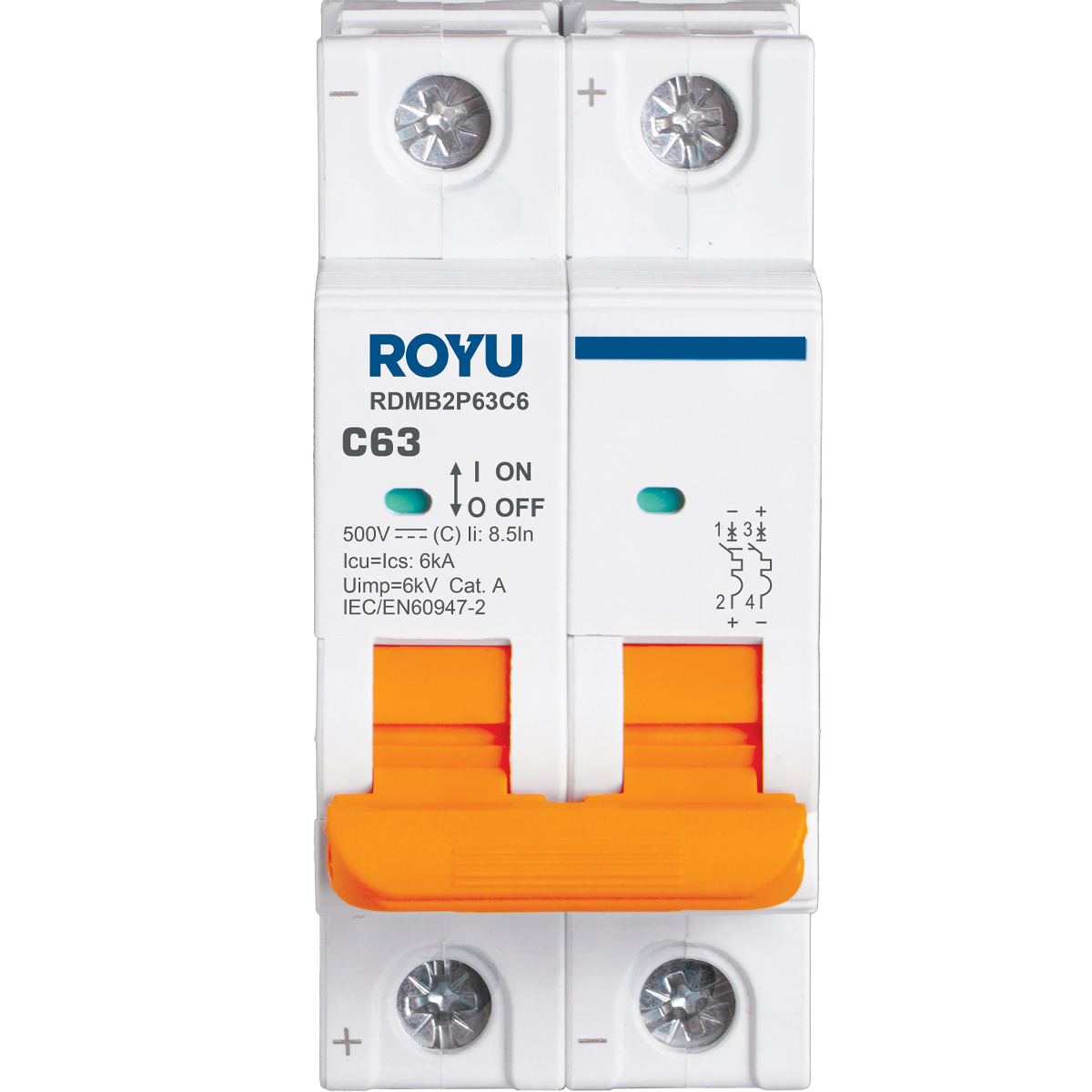 ROYU DC MCB, 2P 63A 500VDC TYPE C 6KA