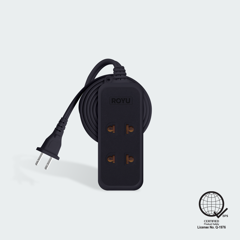 ROYU 2 Universal Outlet + 1 Flat Pin Extension Cord (3M Extension)
