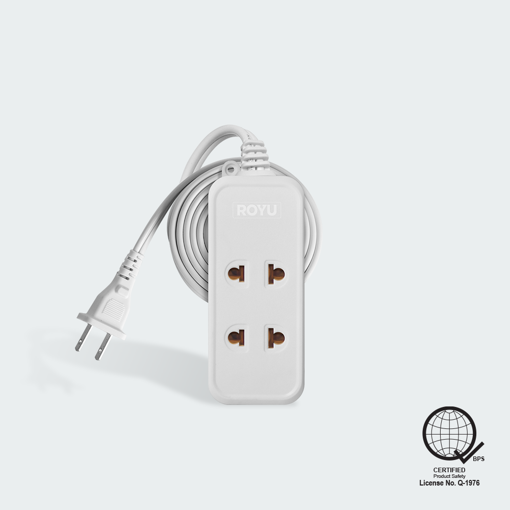 ROYU 2 Universal Outlet + 1 Flat Pin Extension Cord (3M Extension)
