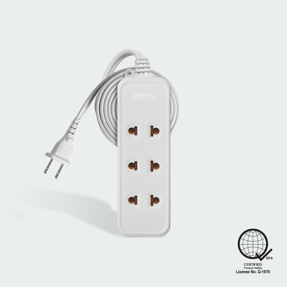 ROYU 3 Universal Outlet + 1 Flat Pin Extension Cord (3M Extension)