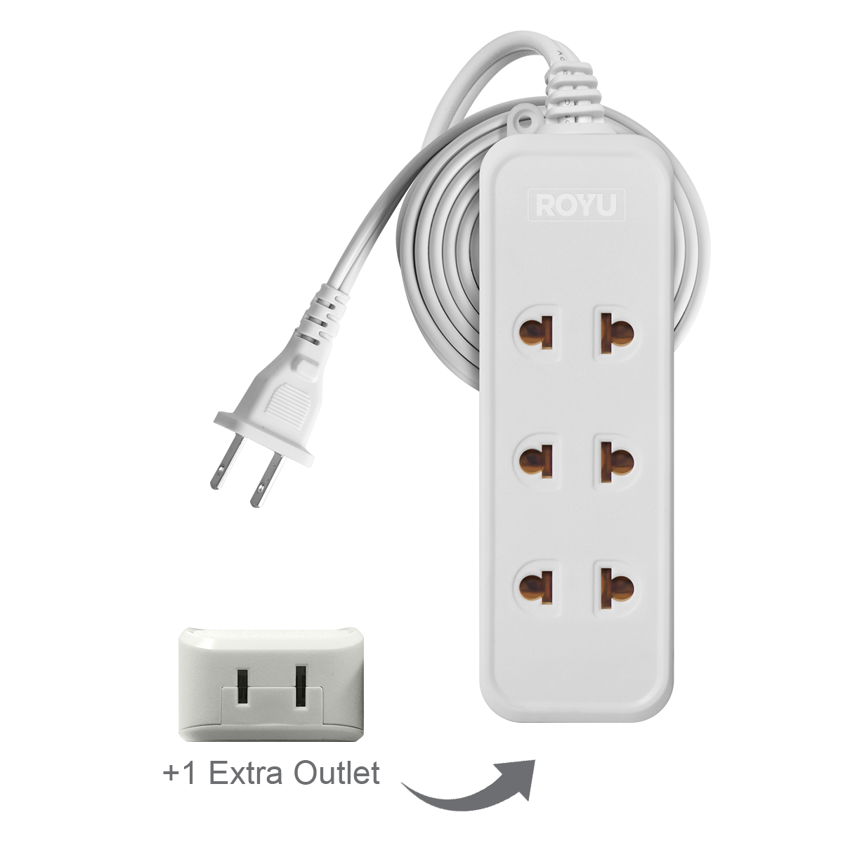 ROYU 3 Universal Outlet + 1 Flat Pin Extension Cord (3M Extension)
