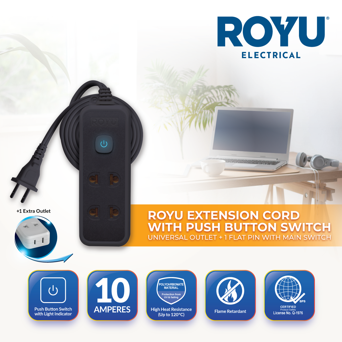 ROYU 2 Universal Outlet +1 Flat Pin Extension Cord with Push Button Switch (3M Extension)
