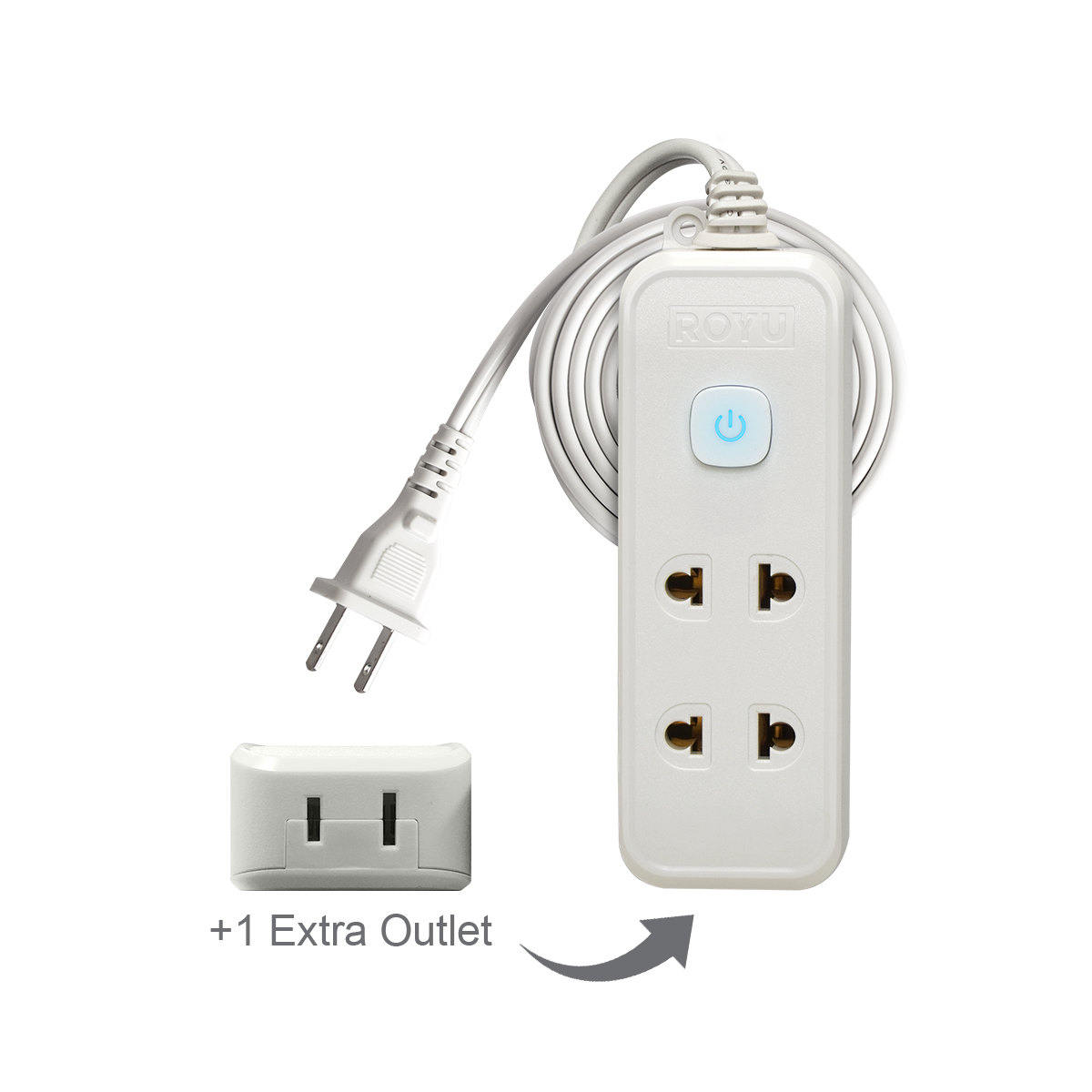 ROYU 2 Universal Outlet +1 Flat Pin Extension Cord with Push Button Switch (3M Extension)