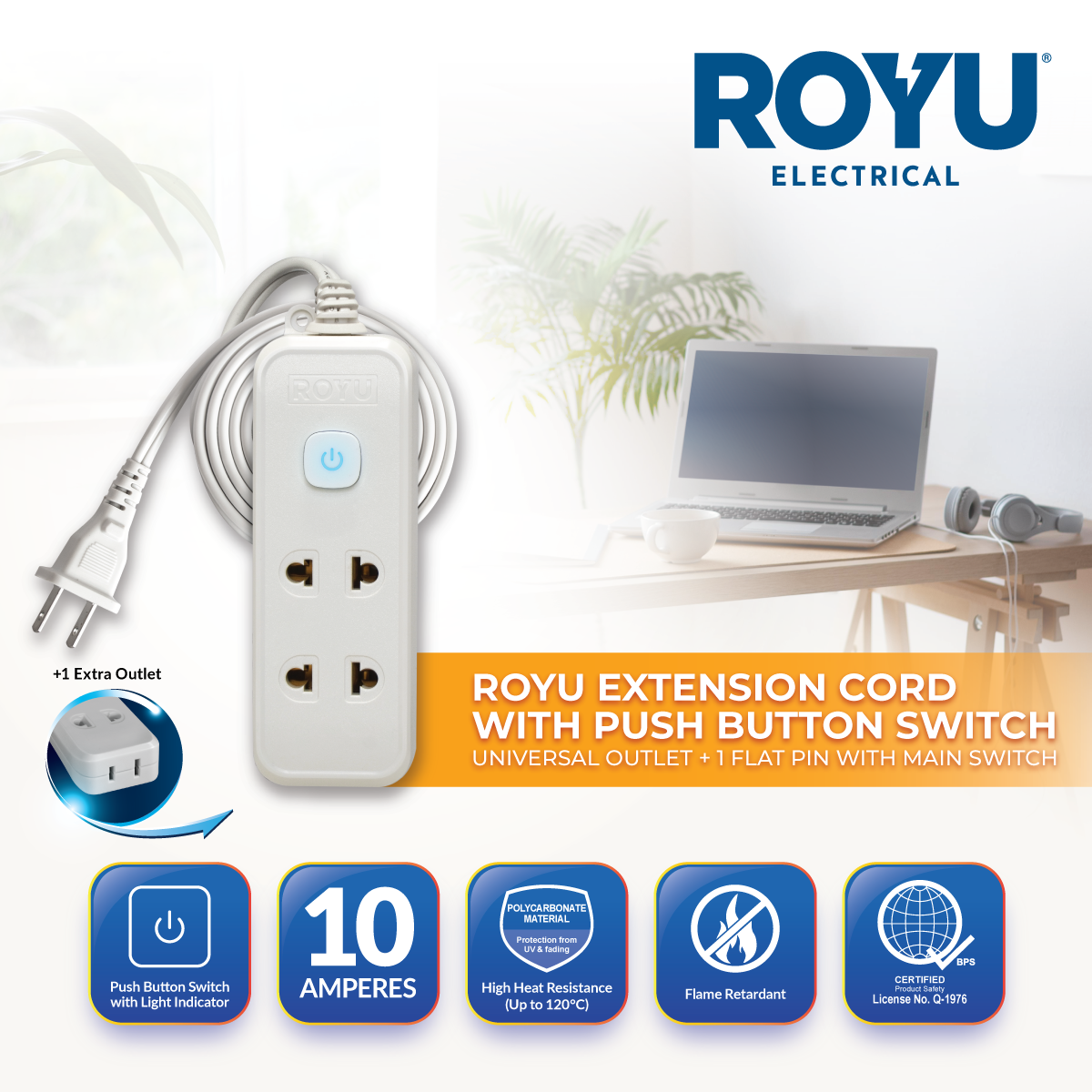 ROYU 2 Universal Outlet +1 Flat Pin Extension Cord with Push Button Switch (6M Extension)