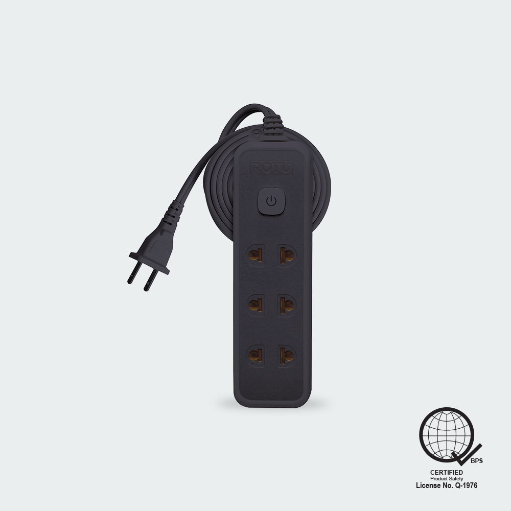ROYU 3 Universal Outlet +1 Flat Pin Extension Cord with Push Button Switch (3M Extension)