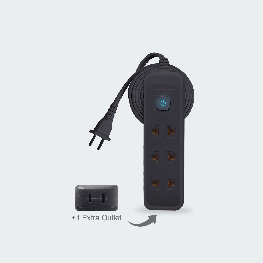 ROYU 3 Universal Outlet +1 Flat Pin Extension Cord with Push Button Switch (3M Extension)