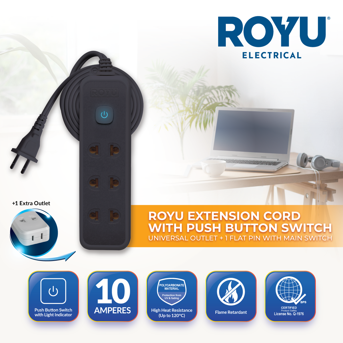ROYU 3 Universal Outlet +1 Flat Pin Extension Cord with Push Button Switch (3M Extension)