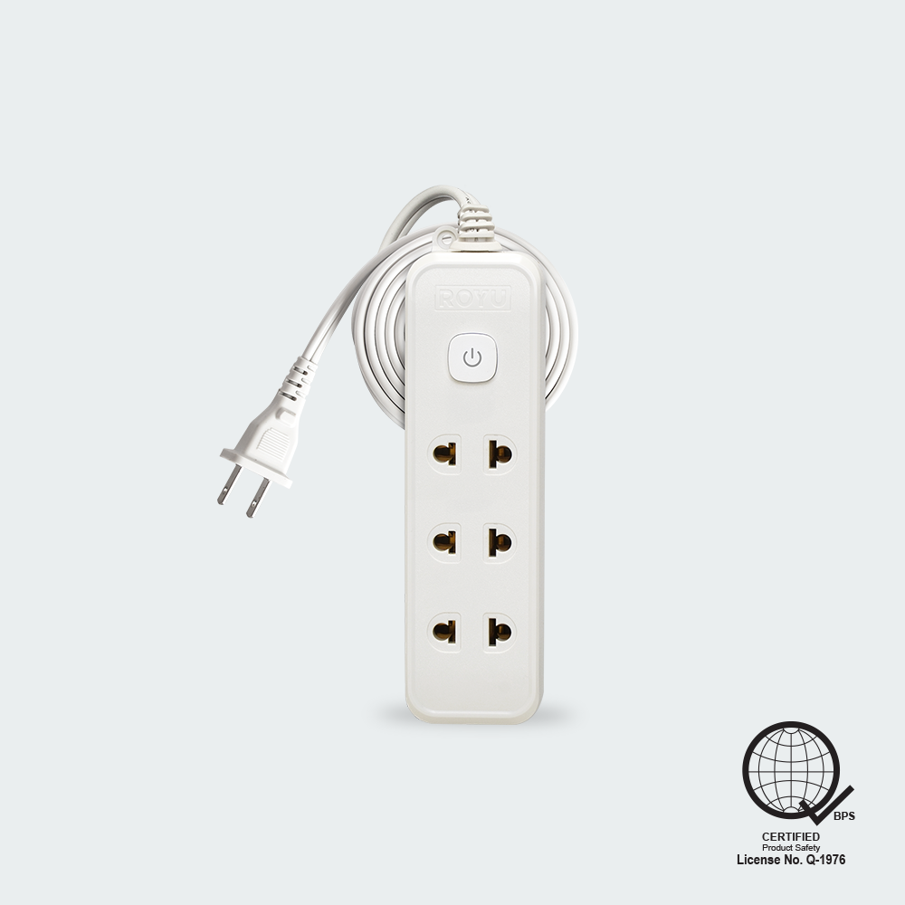 ROYU 3 Universal Outlet +1 Flat Pin Extension Cord with Push Button Switch (3M Extension)