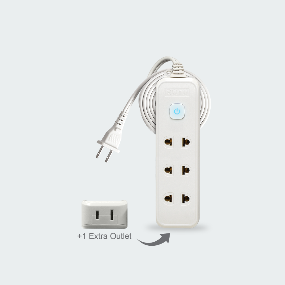 ROYU 3 Universal Outlet +1 Flat Pin Extension Cord with Push Button Switch (3M Extension)