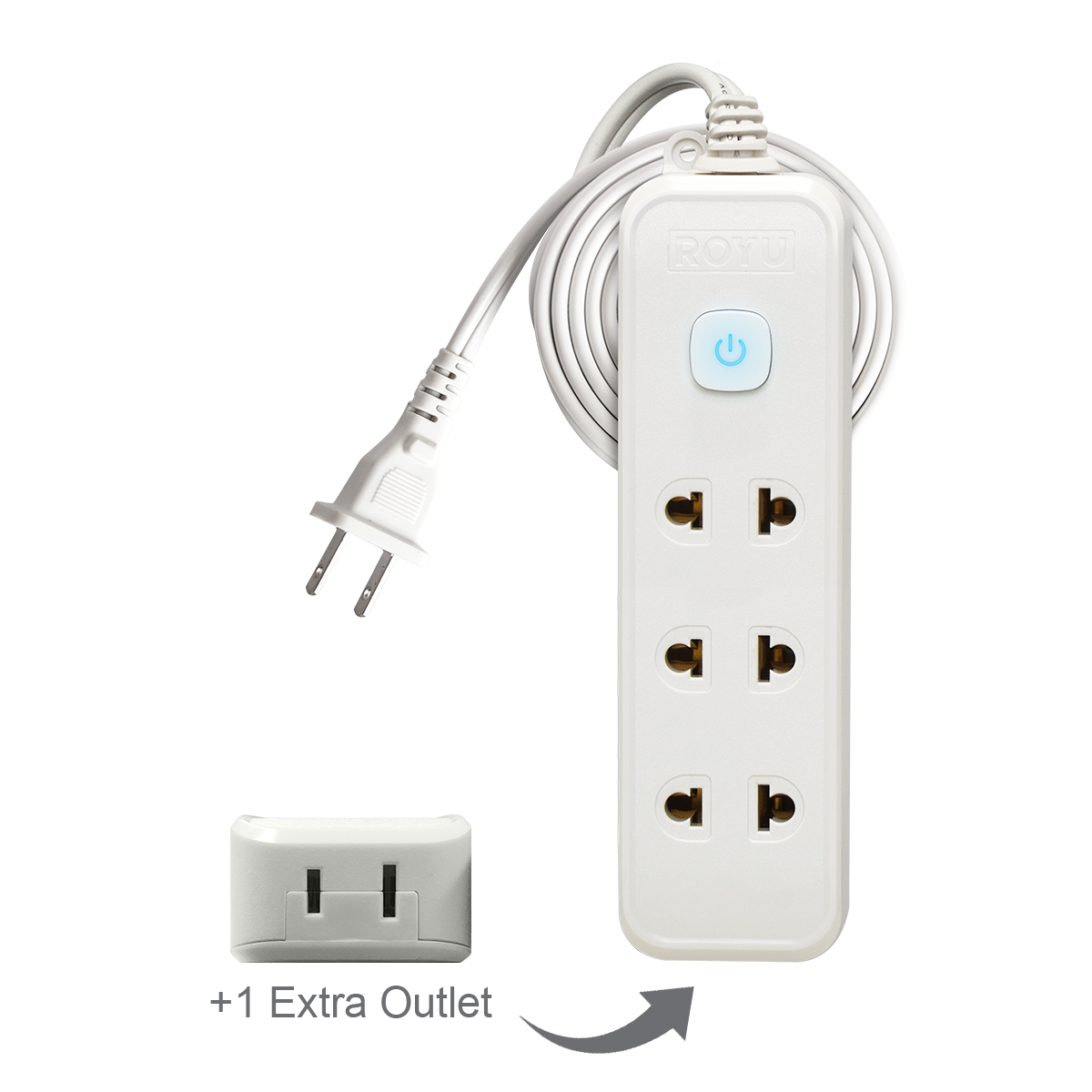 ROYU 3 Universal Outlet +1 Flat Pin Extension Cord with Push Button Switch (3M Extension)