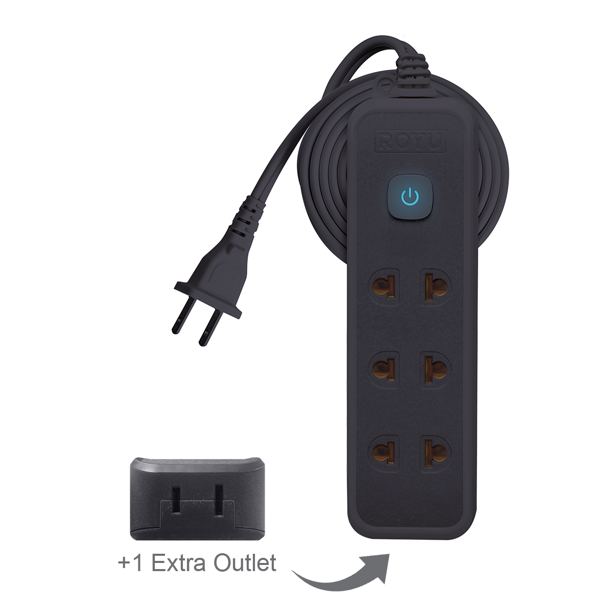 ROYU 3 Universal Outlet +1 Flat Pin Extension Cord with Push Button Switch (6M Extension)