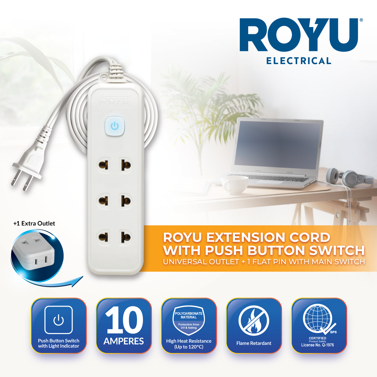 ROYU 3 Universal Outlet +1 Flat Pin Extension Cord with Push Button Switch (9M Extension)