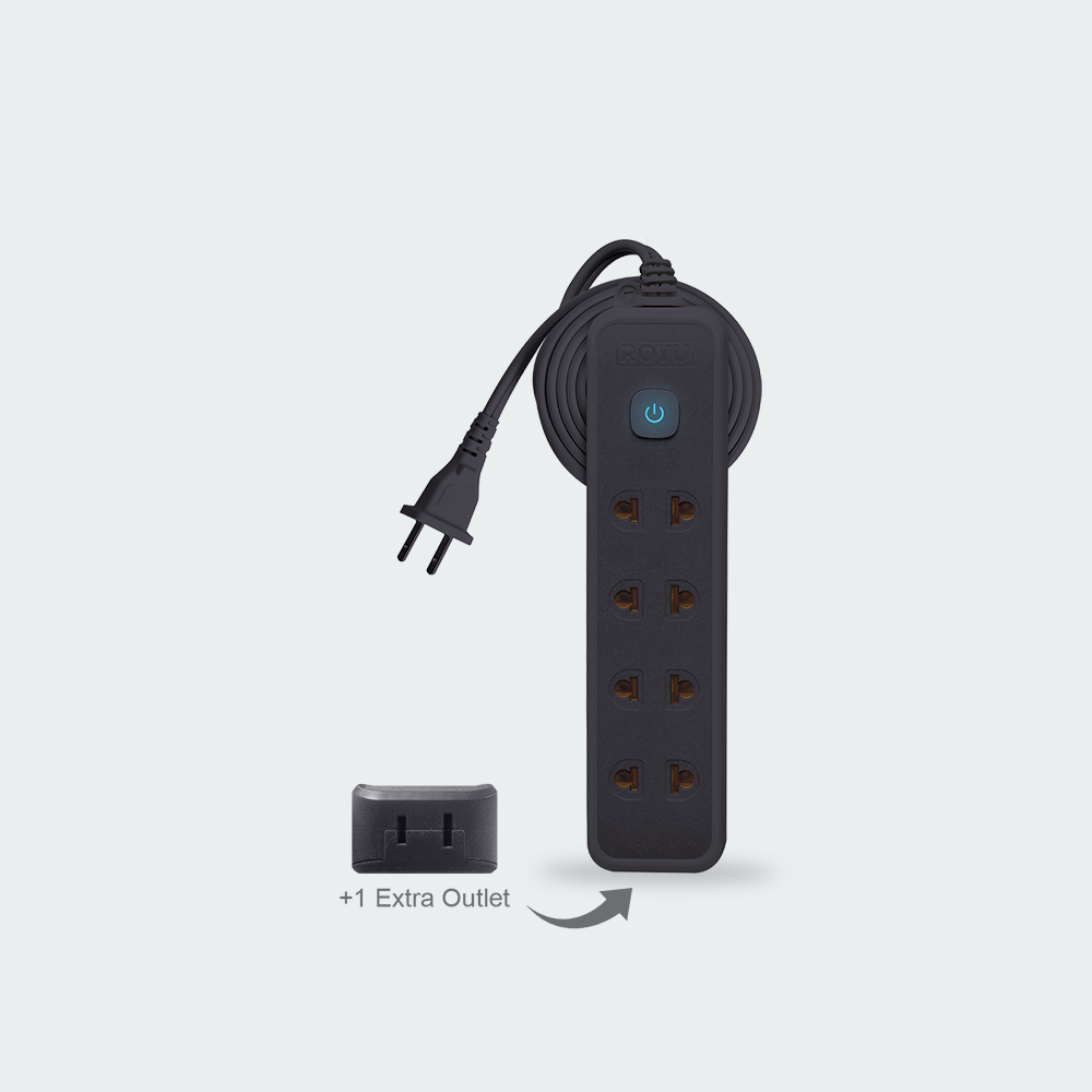 ROYU 4 Universal Outlet +1 Flat Pin Extension Cord with Push Button Switch (3M Extension)