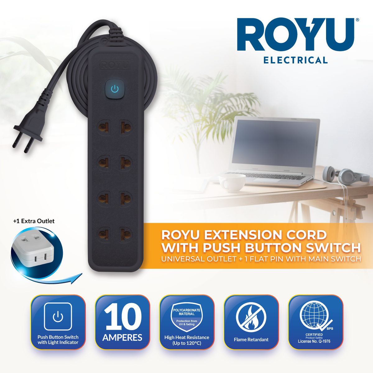 ROYU 4 Universal Outlet +1 Flat Pin Extension Cord with Push Button Switch (3M Extension)