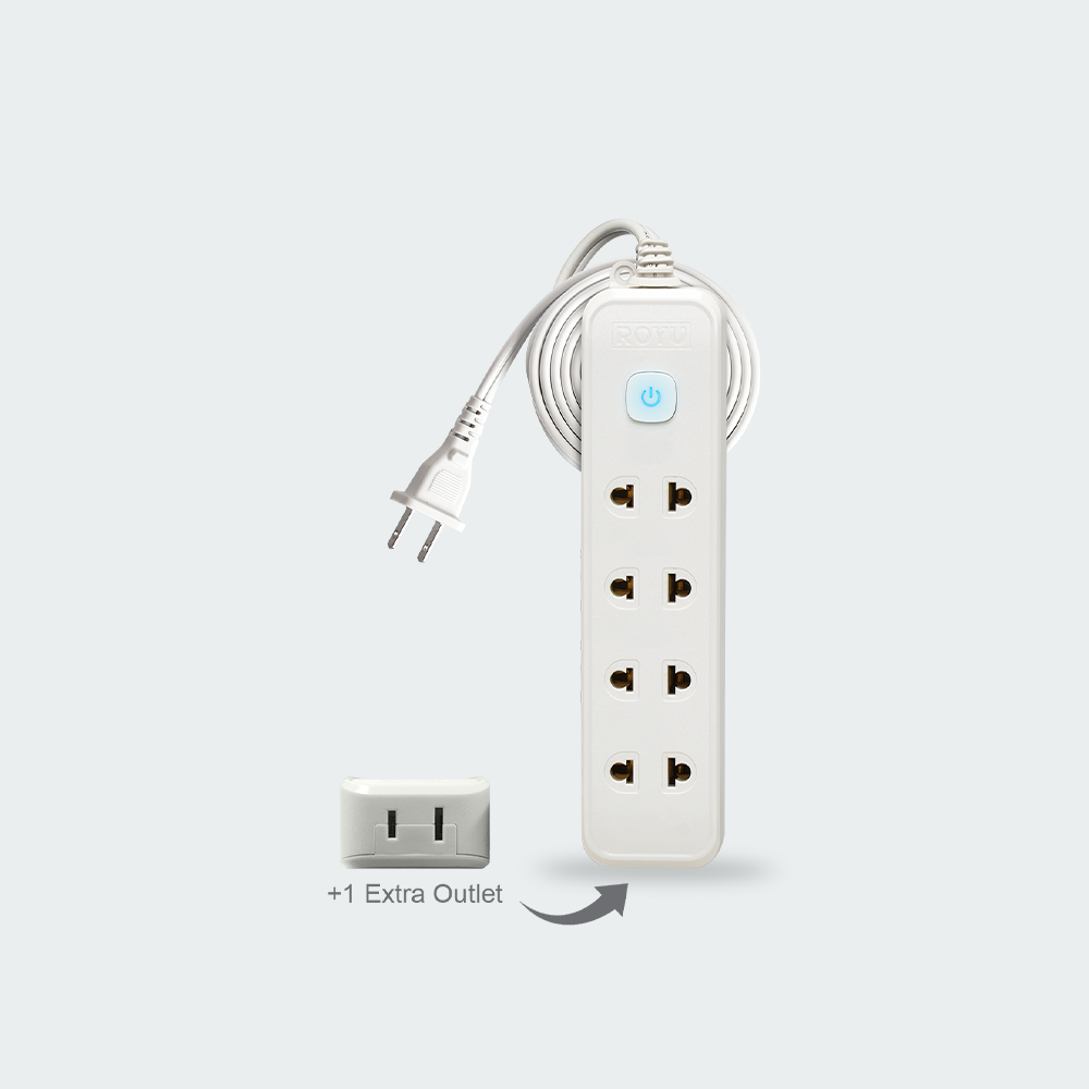 ROYU 4 Universal Outlet +1 Flat Pin Extension Cord with Push Button Switch (3M Extension)