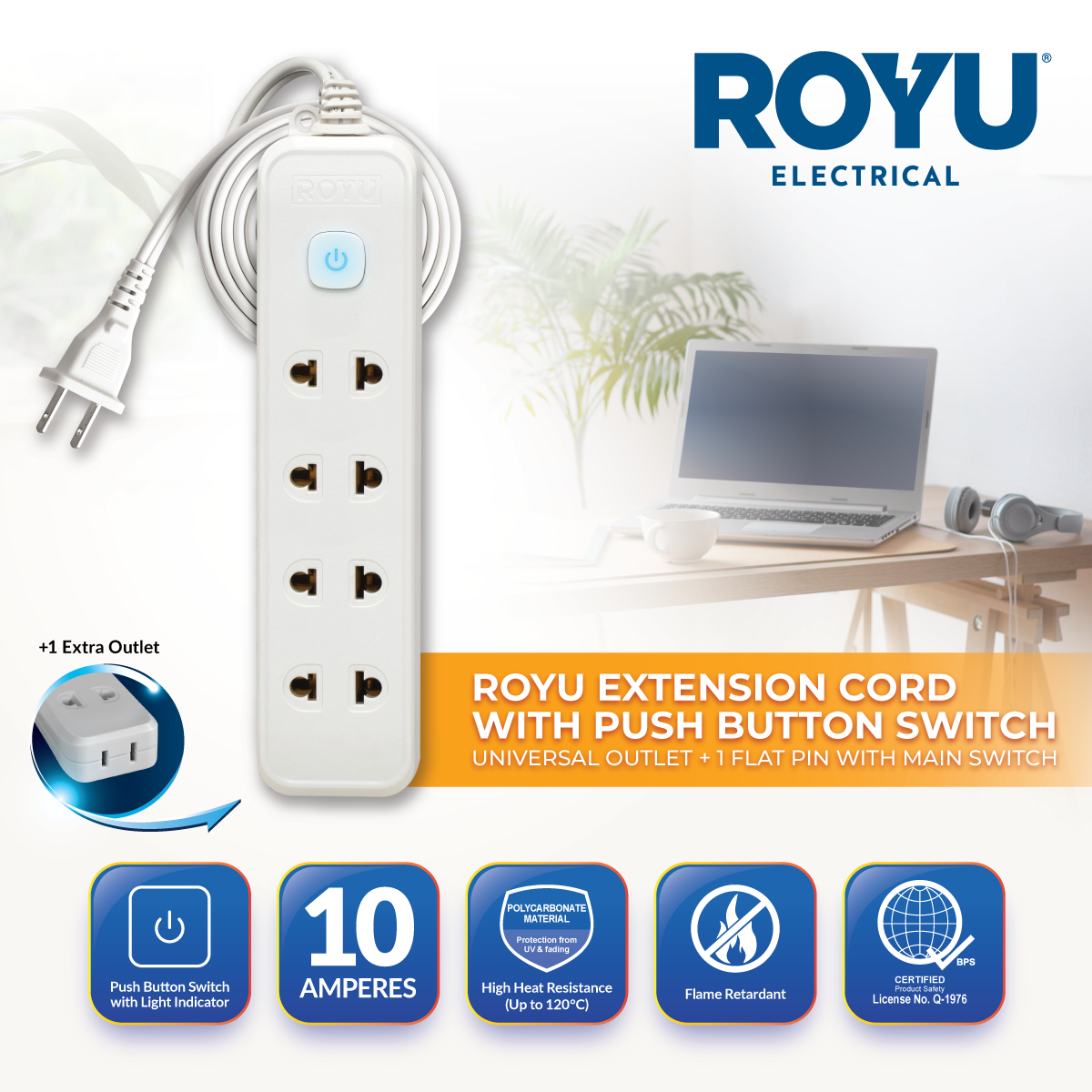 ROYU 4 Universal Outlet +1 Flat Pin Extension Cord with Push Button Switch (3M Extension)