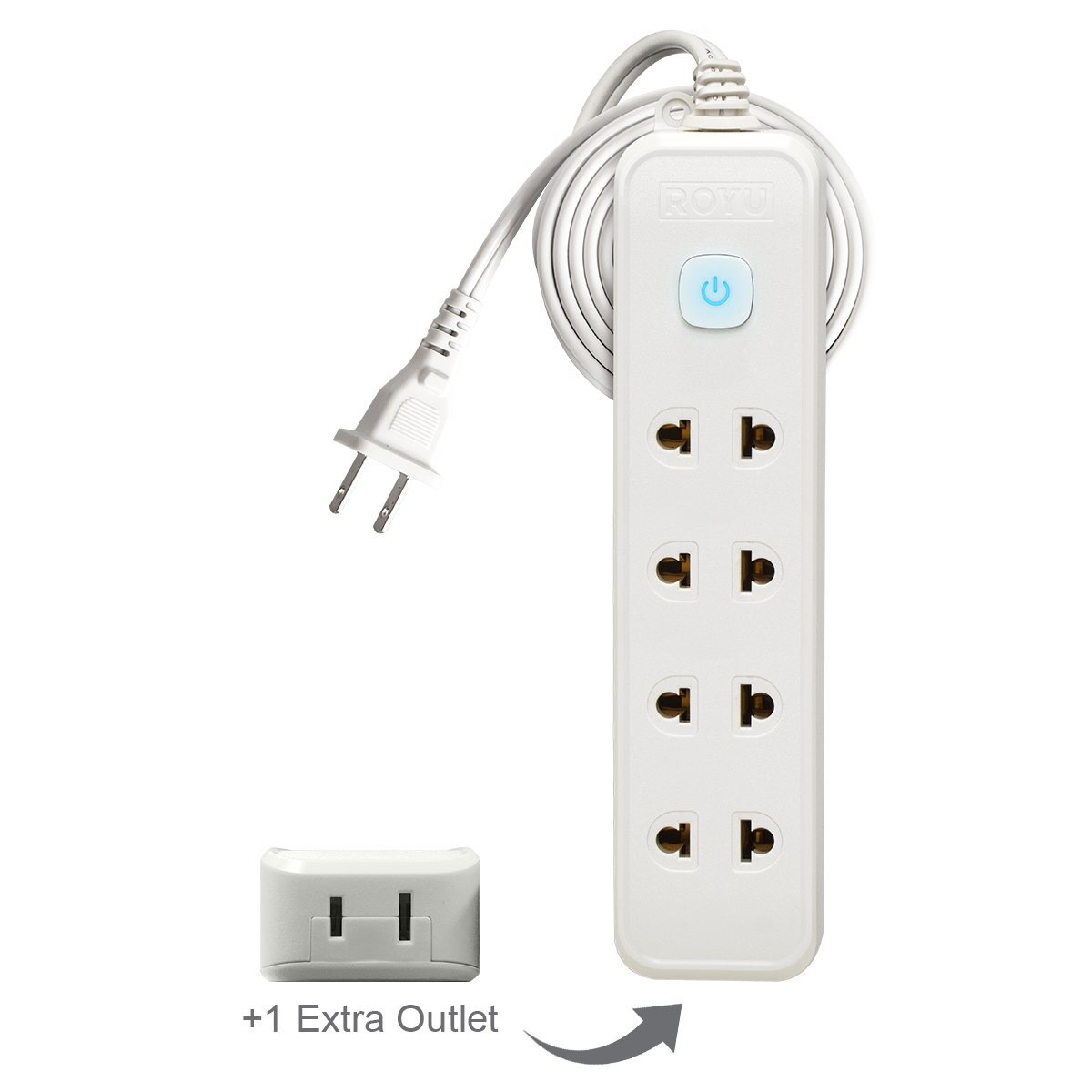 ROYU 4 Universal Outlet +1 Flat Pin Extension Cord with Push Button Switch (3M Extension)