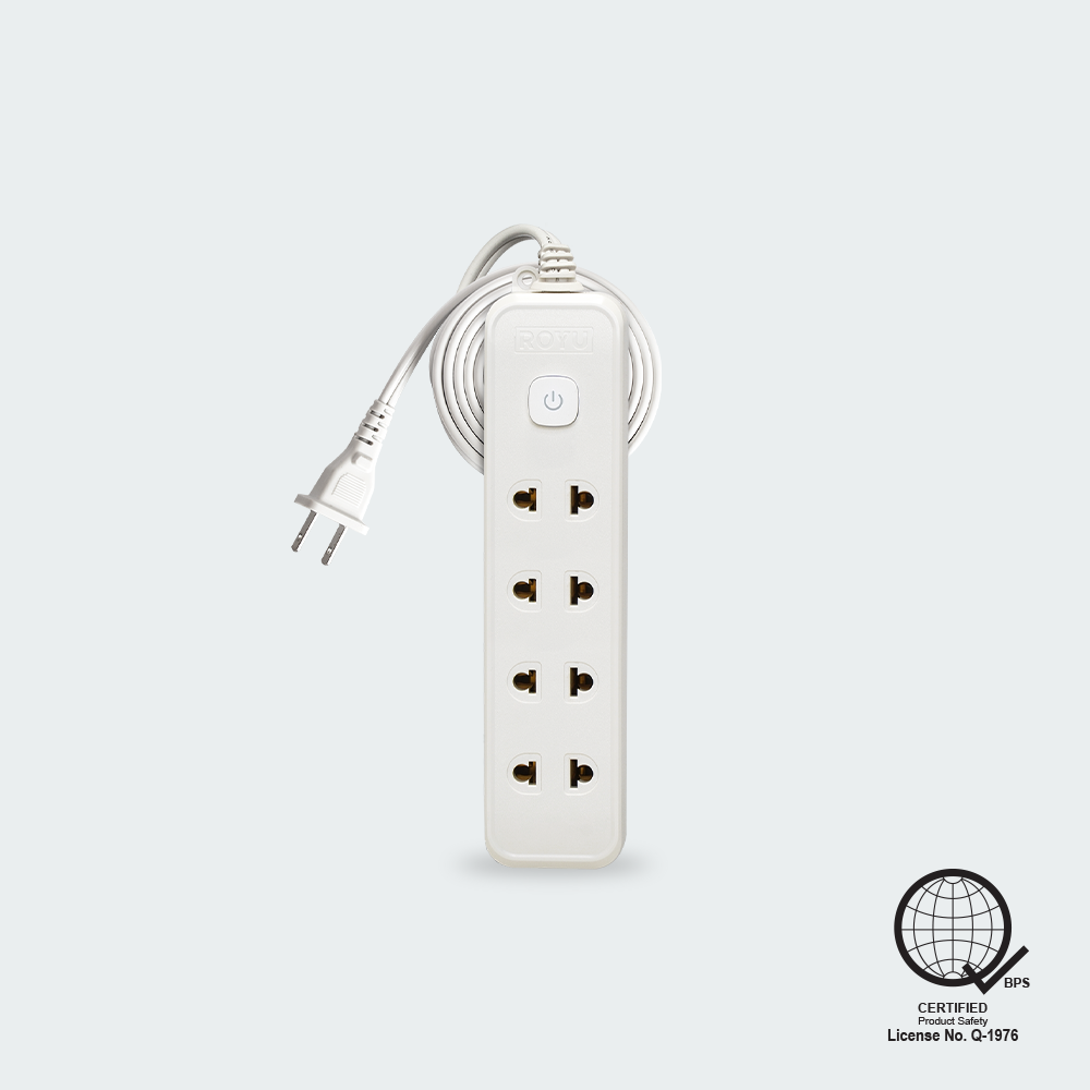 ROYU 4 Universal Outlet +1 Flat Pin Extension Cord with Push Button Switch (6M Extension)