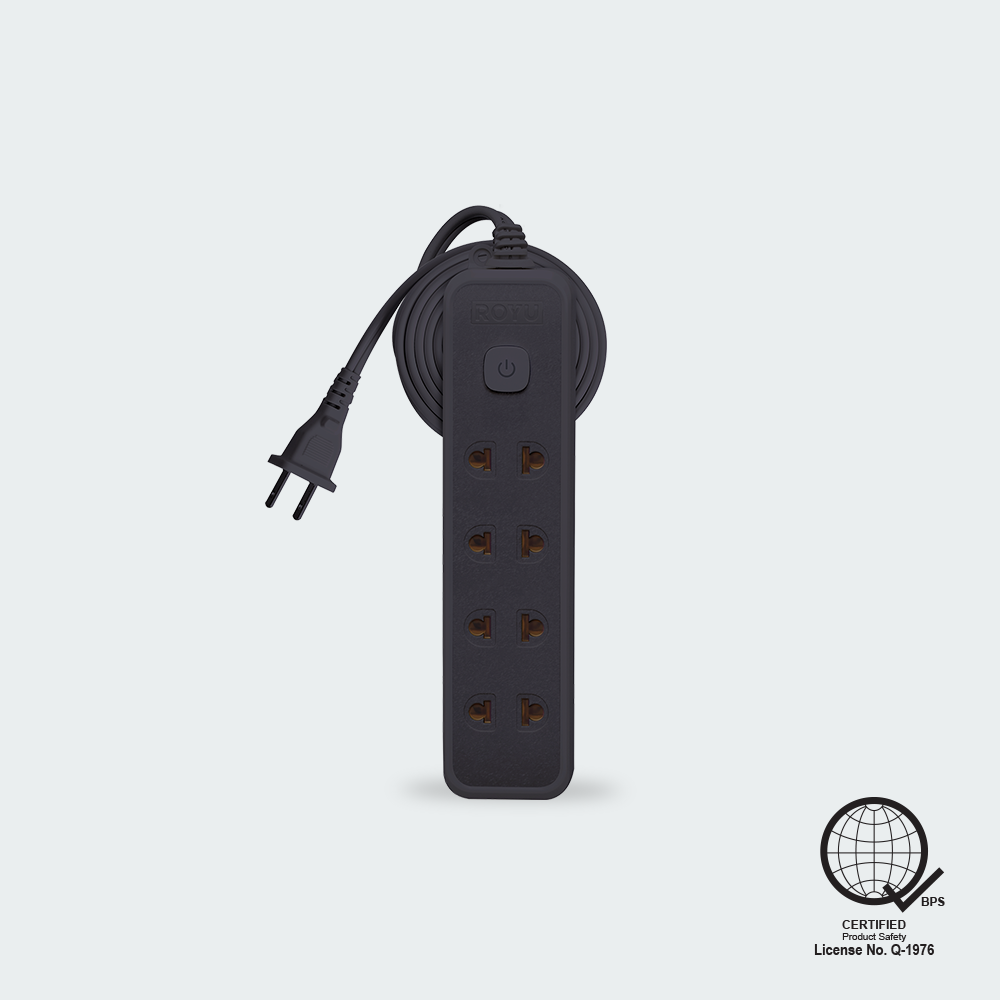 ROYU 4 Universal Outlet +1 Flat Pin Extension Cord with Push Button Switch (9M Extension)