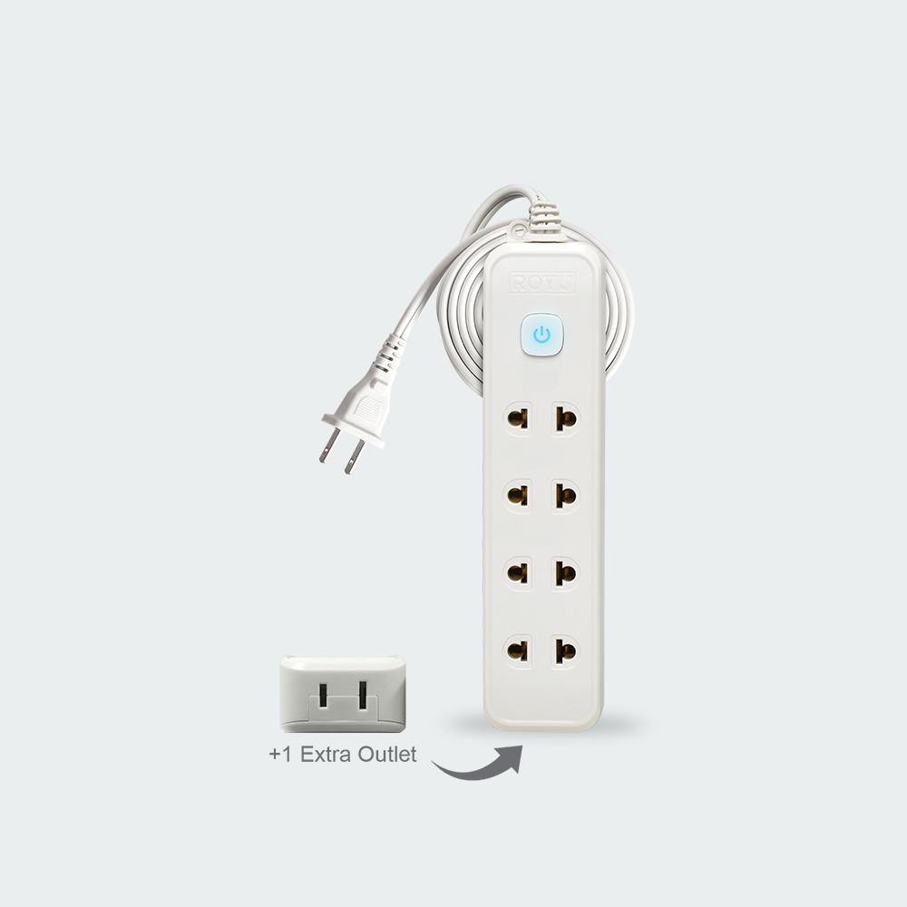 ROYU 4 Universal Outlet +1 Flat Pin Extension Cord with Push Button Switch (9M Extension)