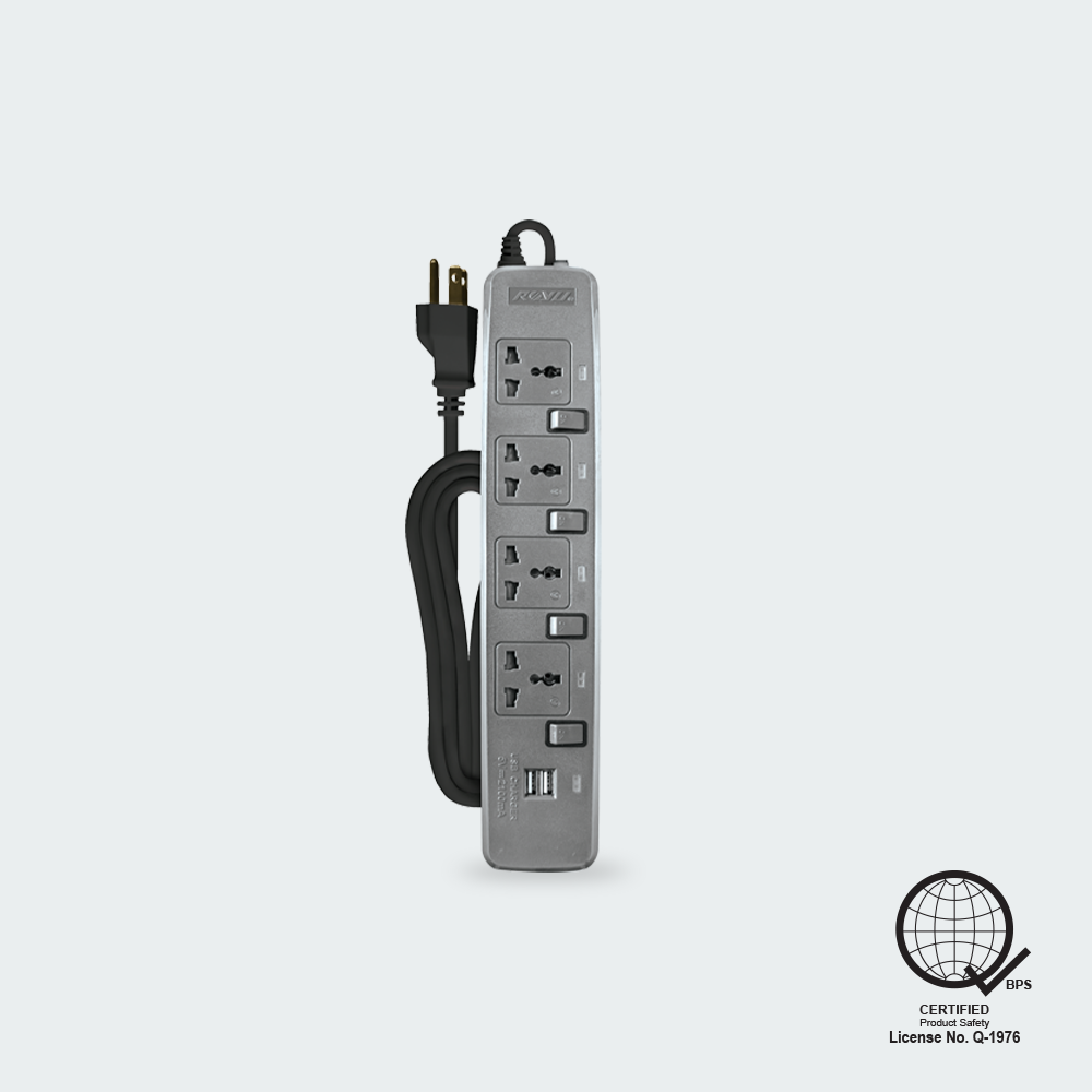 ROYU 4 Gang Power Extension Cord with Individual Switches and 2 USB