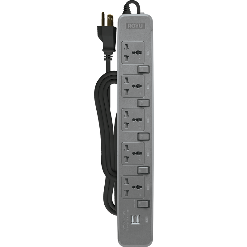 ROYU 5 Gang Power Extension Cord with Individual Switches and 2 USB