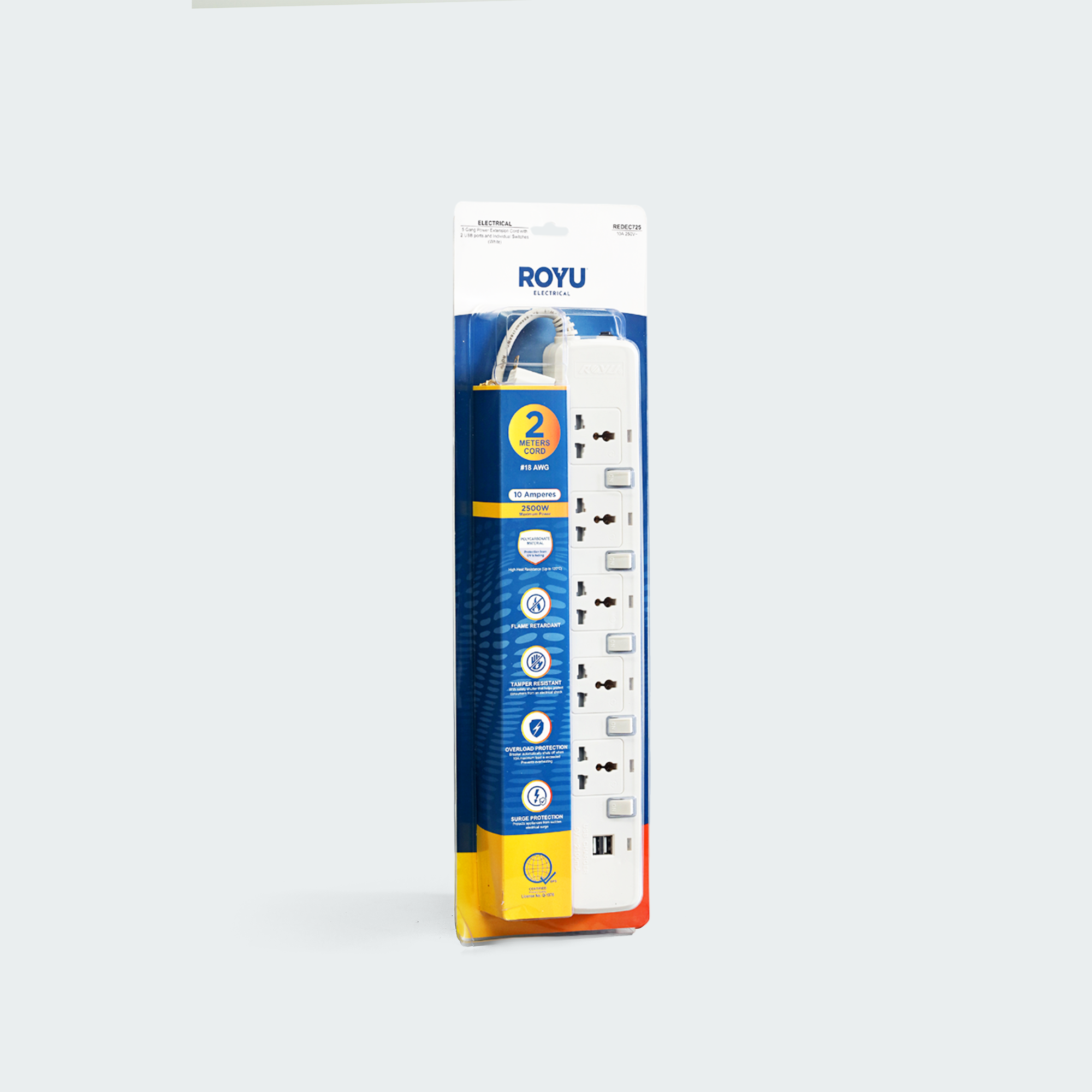ROYU 5 Gang Power Extension Cord with Individual Switches and 2 USB