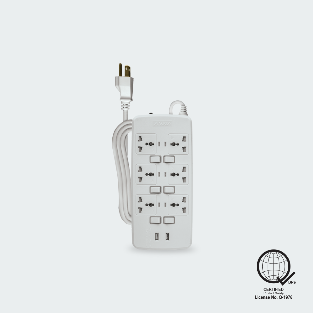 ROYU 6 Gang Power Extension Cord with Individual Switches and 2 USB