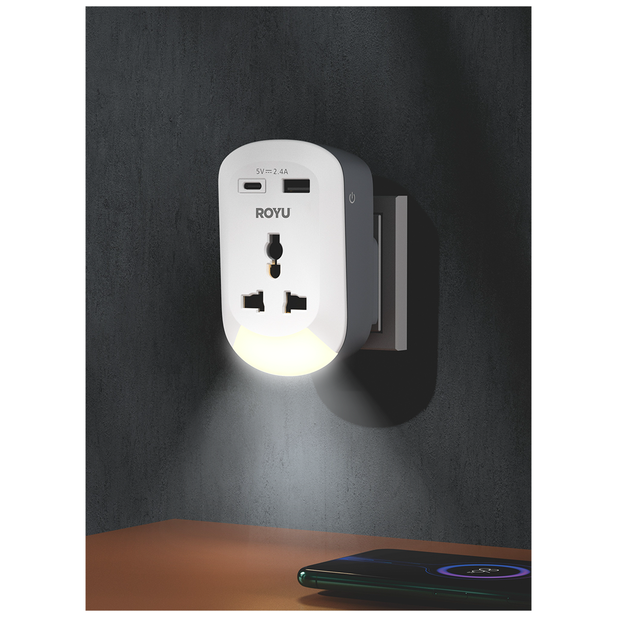ROYU 1 Gang Wall Adapter with Night Light and USB Ports