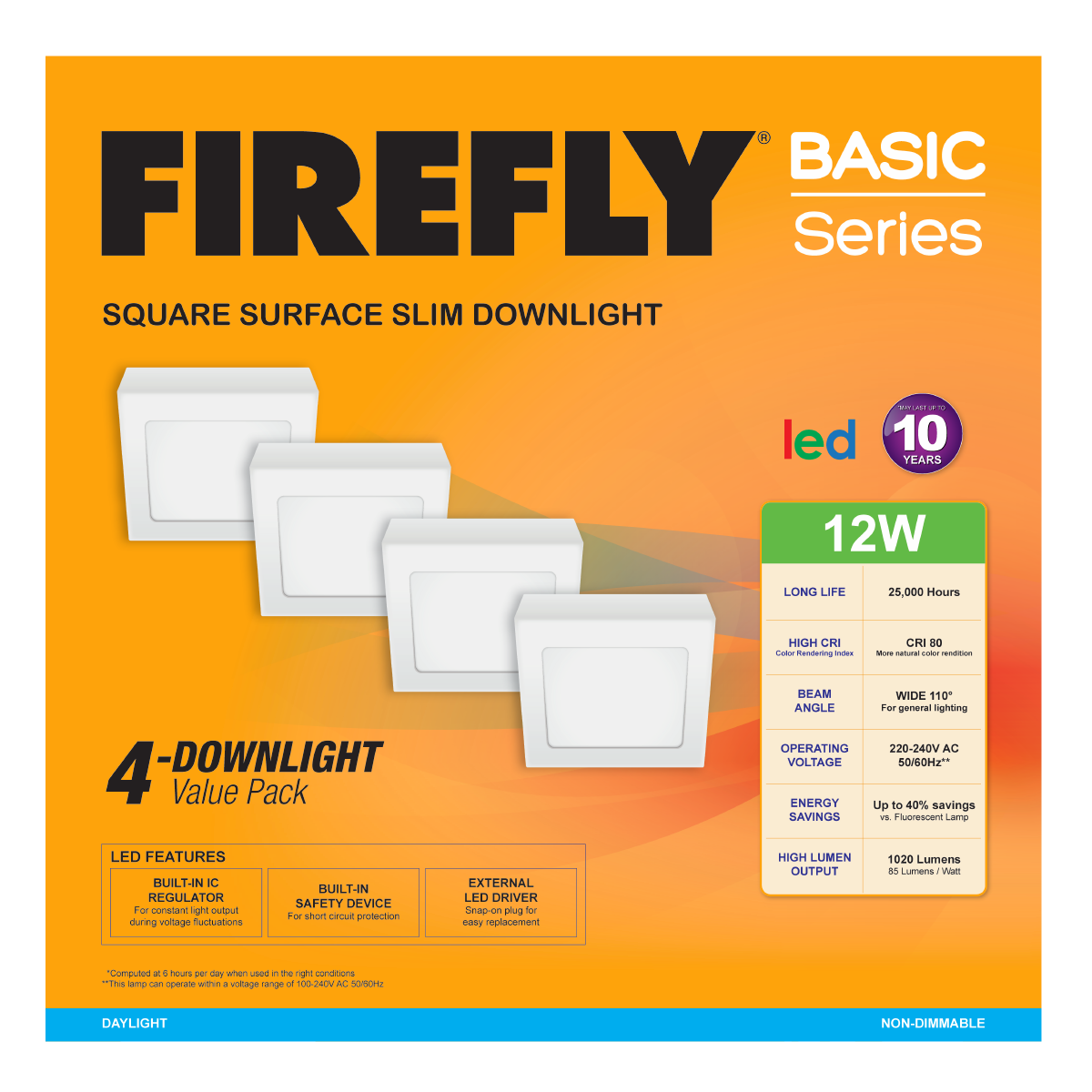 Firefly Basic Series 4-LED Square Surface Slim Downlight Value Pack