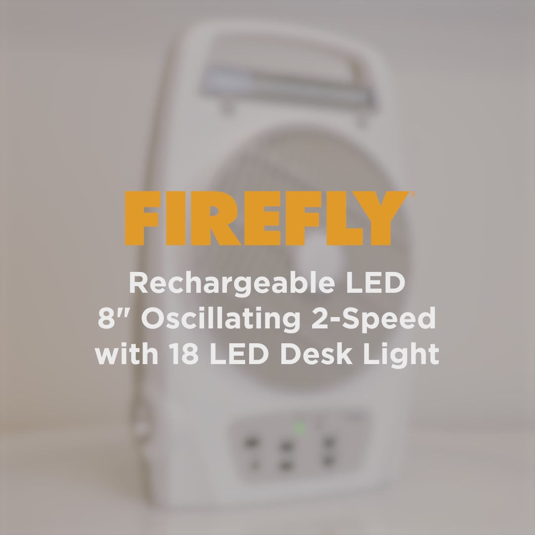Load video: Firefly Rechargeable LED 8&quot; Oscillating 2-Speed Desk Fan