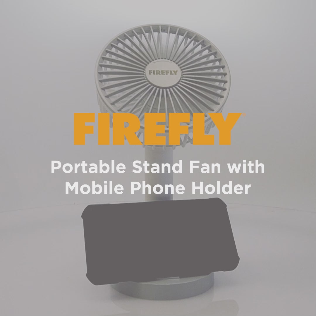Load video: Firefly Rechargeable Handy Stand Fan with Mobile Phone Holder