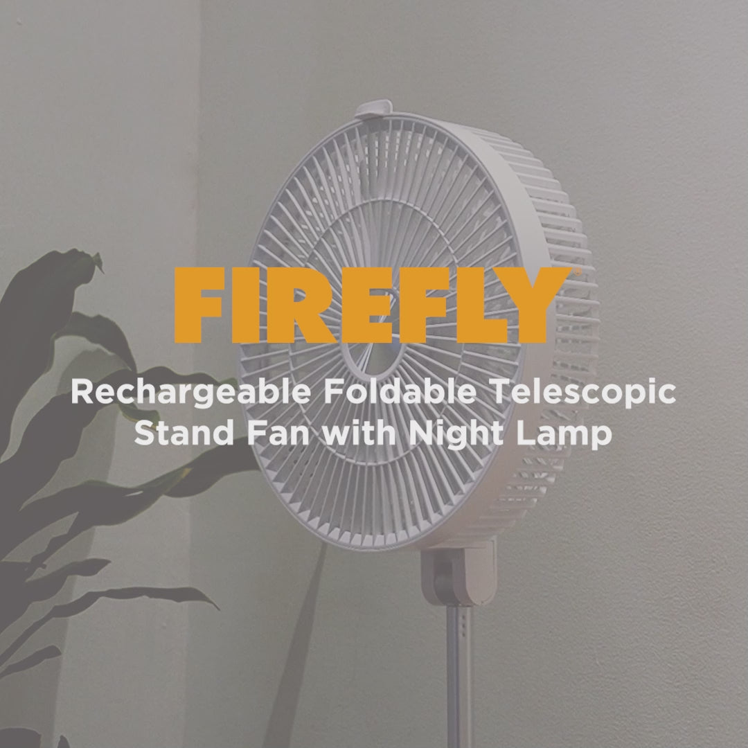 Load video: Firefly Rechargeable Foldable Telescopic Stand Fan with Night Light