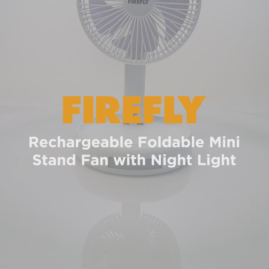 Load video: Firefly Rechargeable Foldable Mini Stand Fan with Night Lamp
