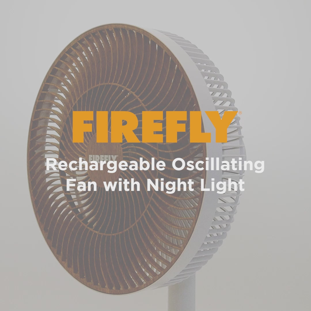 Load video: Firefly Rechargeable 12&quot; Wooden Fan with Night Light