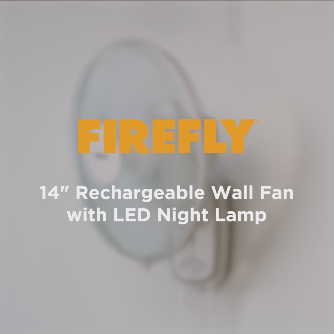 Load video: Firefly Rechargeable 14&quot; Wall Fan with Night Light